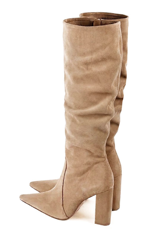 Dress custom-made formal knee-high boots in tan beige leather with high block heels and pointed toe - Rear view